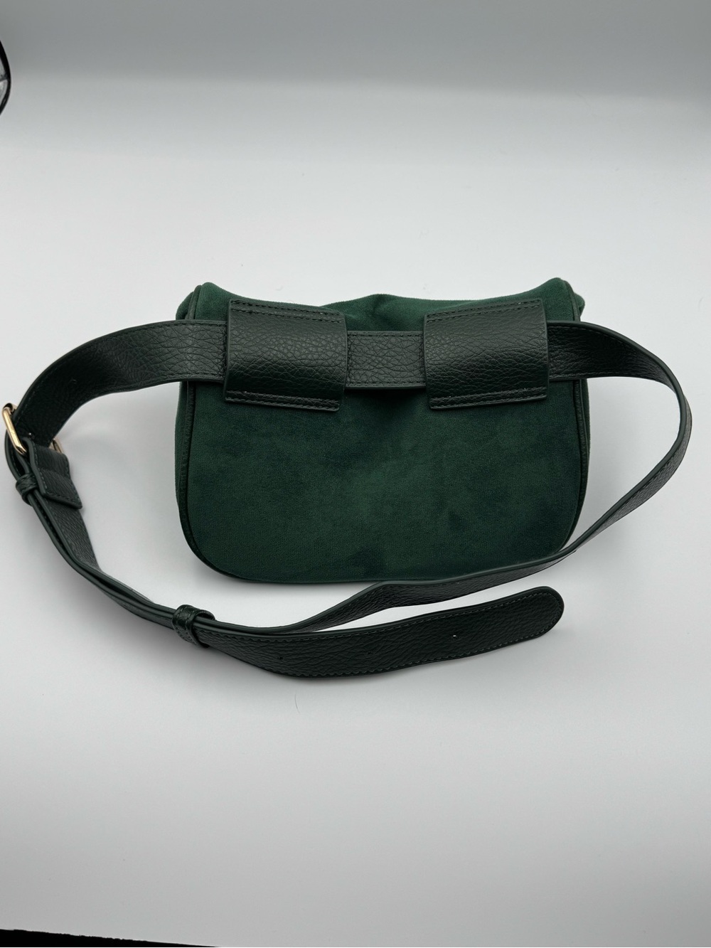 Dark Green Microfiber Crossbody Belt Bag with Pink and Black Accent Stripe - Picture 2 of 9